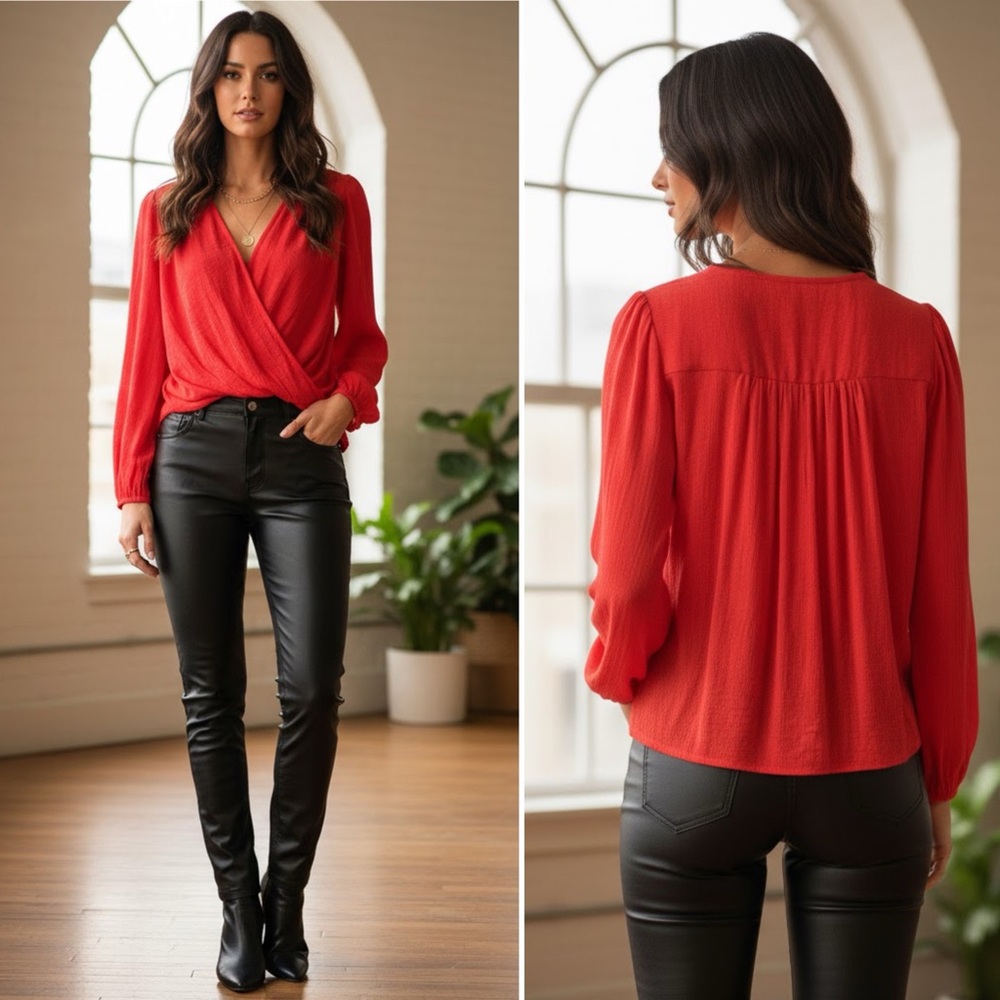 NEW FREE PEOPLE LADY LUCK RED ORANGE DRAPEY WRAP PLUNGE V-NECK BLOUSE SMALL HOT! - Picture 16 of 16